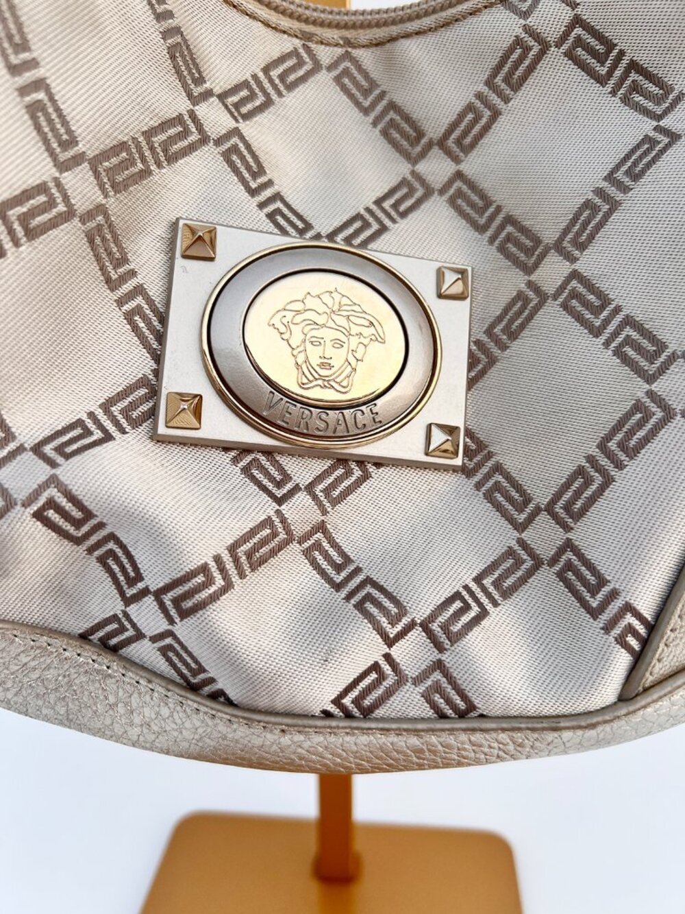 VERSACE Silver Metallic Leather Jacquard Medusa Studded Hobo Shoulder Bag - Picture 3 of 14